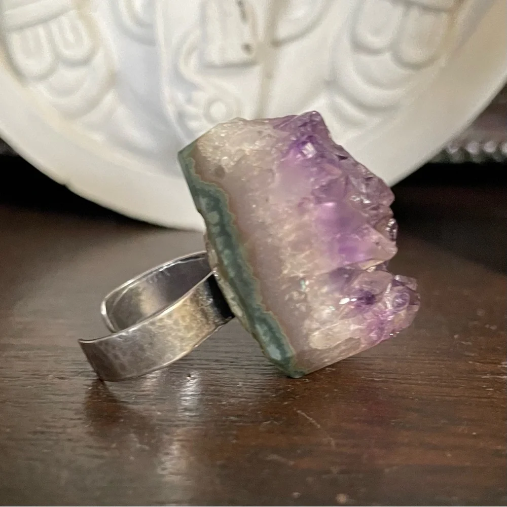 Natural Chunky Amethyst Druzy Crystal Silver Ring adjustable 925